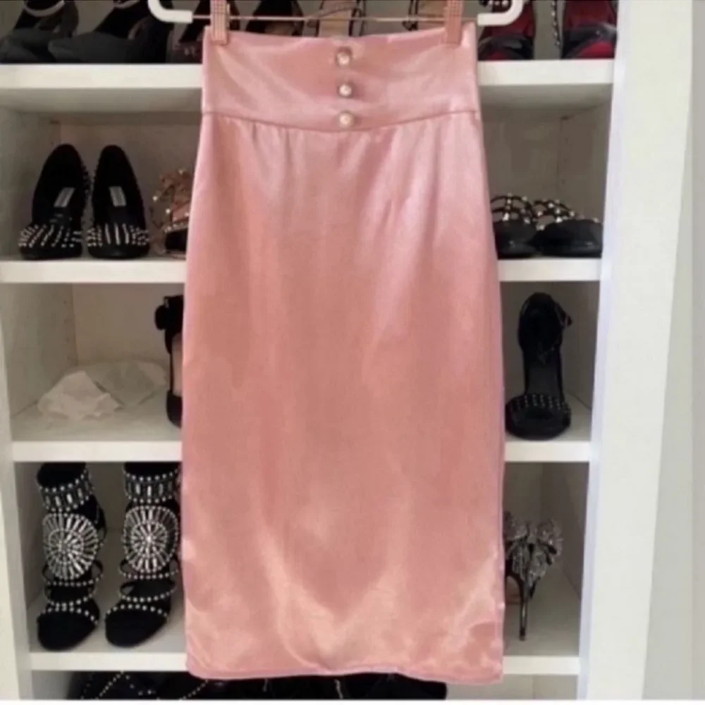 Zipper Back Button Detail Wide Waistband Split Hem Satin Skirt Size XS